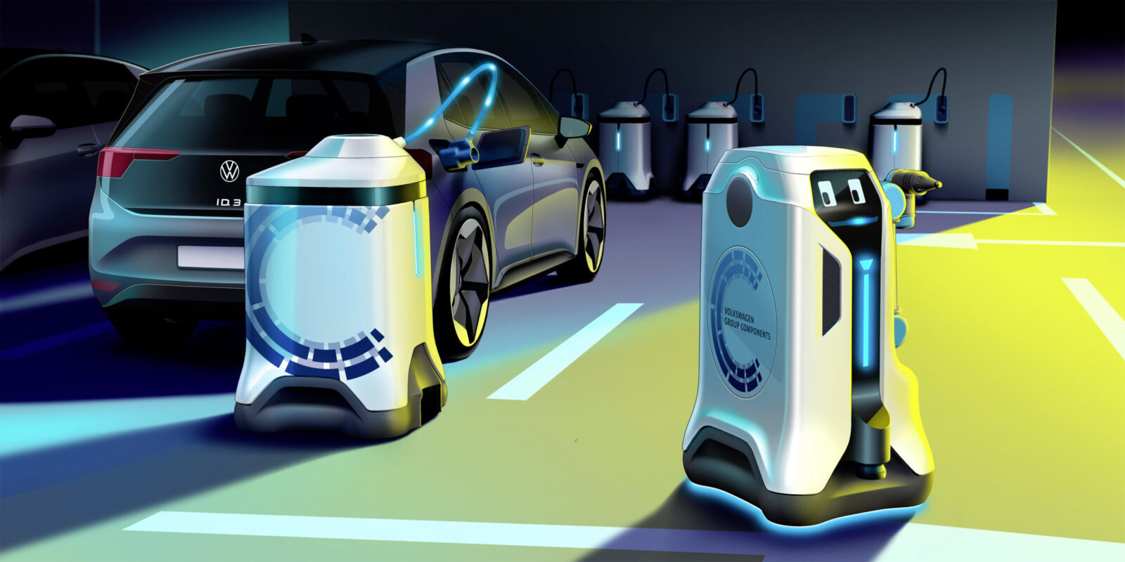 Il dispositivo mobile di accumulo dell'energia rimane con l'auto durante il processo di ricarica. Il robot nel frattempo va a ricaricare altre auto