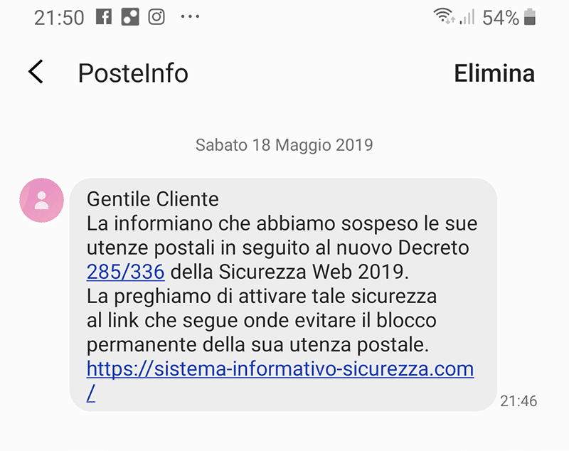 Il social engineering attraverso un SMS. Credits: tuttosullapostaelettronica.it