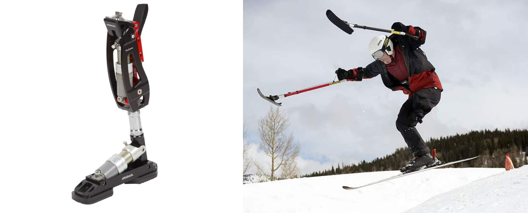 A sinistra il primo approccio con la protesi ProCarve di Ottobock. Credits: Ottobock.A destra il secondo approccio con gli stabilizzatori sulle racchette. Credits: Austin Colbert