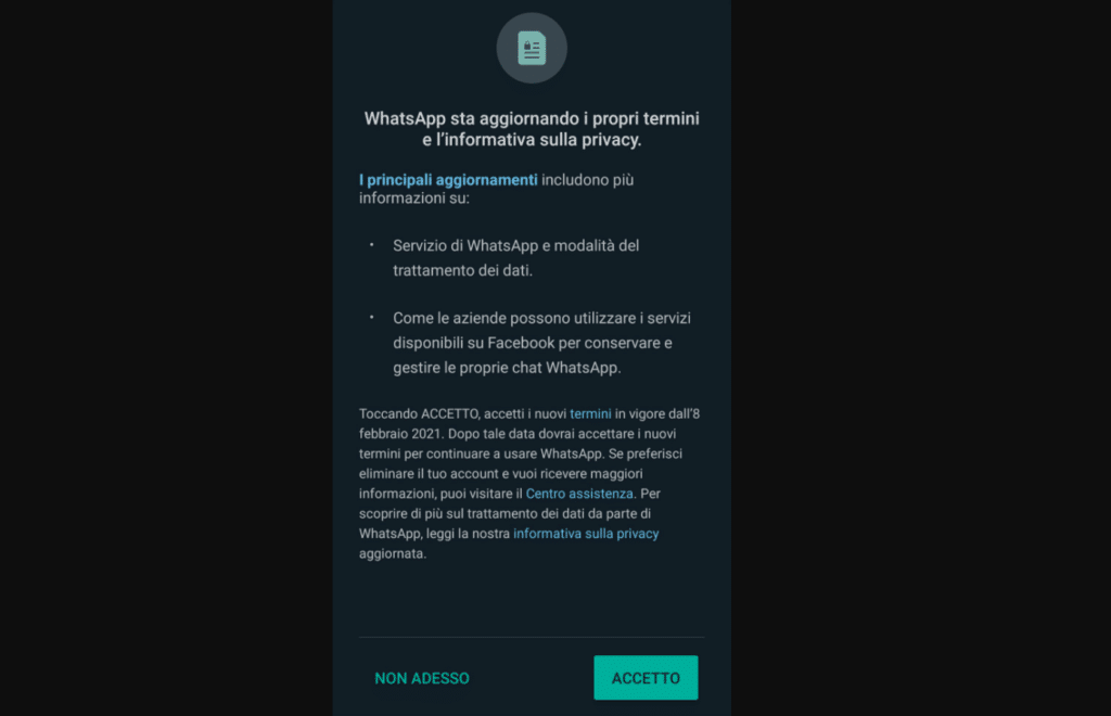Il popup di Whatsapp con l'informativa sulla privacy. Credits: Wired