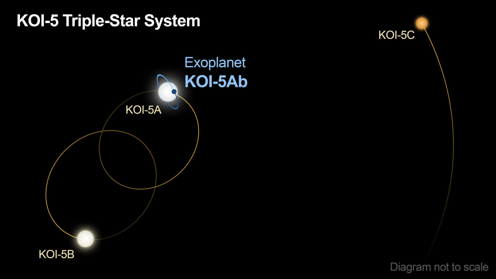 Ecco lo schema del sistema tri-stellare KOI-5. KOI-5A e KOI-5B ruotano una attorno all'altra in 30 giorni, mentre KOI-5C compie una rivoluzione attorno alle binarie in 400 anni. Credits: Caltech/R. Hurt (IPAC)