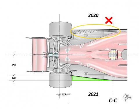 Il fondo rastremato e più liscio visto sulla Ferrari SF1000. Credits: circusf1.com