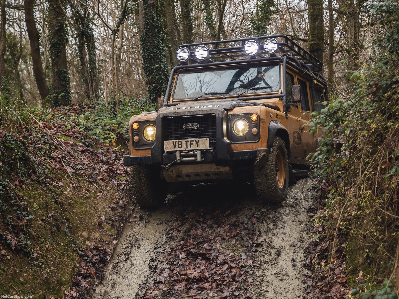 Land Rover Defender Works V8 Trophy in azione su terreni accidentati