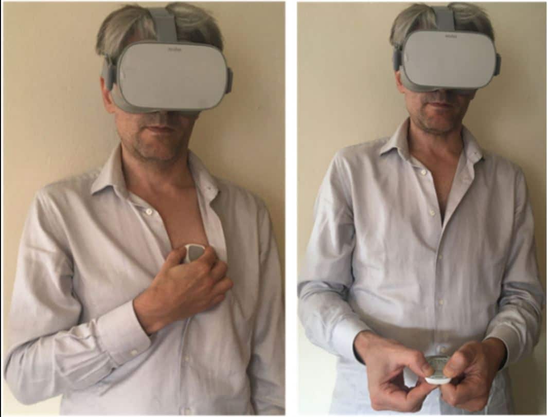 Soggetto indossa visore di realtà virtuale e Coala Heart Rate Monitor per misurare la frequenza cardiaca. Credits: Sensors