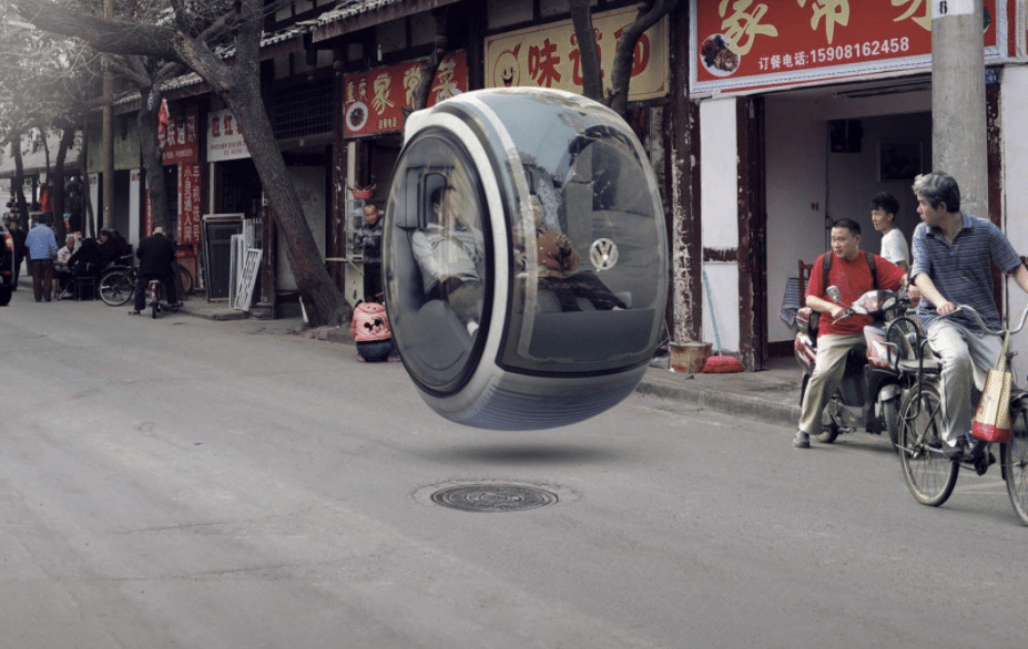 Un modello (fake) di auto volante Hover car di Volkswagen. Credits: Car from Japan