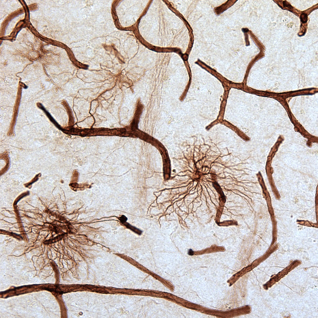 Astrociti e vasi sanguigni immunoreattivi alla vimentina in una sezione spessa 50 µm del nucleo caudato dorsale umano. Credits: Liam O'Leary