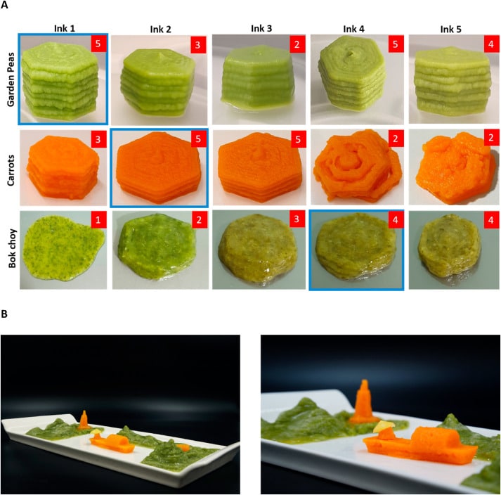 Stampa 3D tramite inchiostro alimentare realizzato con piselli, carote e cavolo cinese. Credits: ScienceDirect