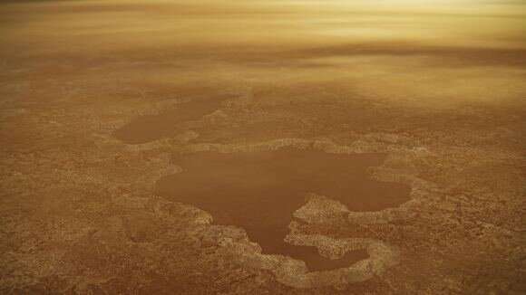 Illustrazione artistica di un lago al polo Nord di Titano, sulla base delle osservazioni fatte da Cassini attorno al Winnipeg Lacus. Crediti: NASA/JPL Caltech.