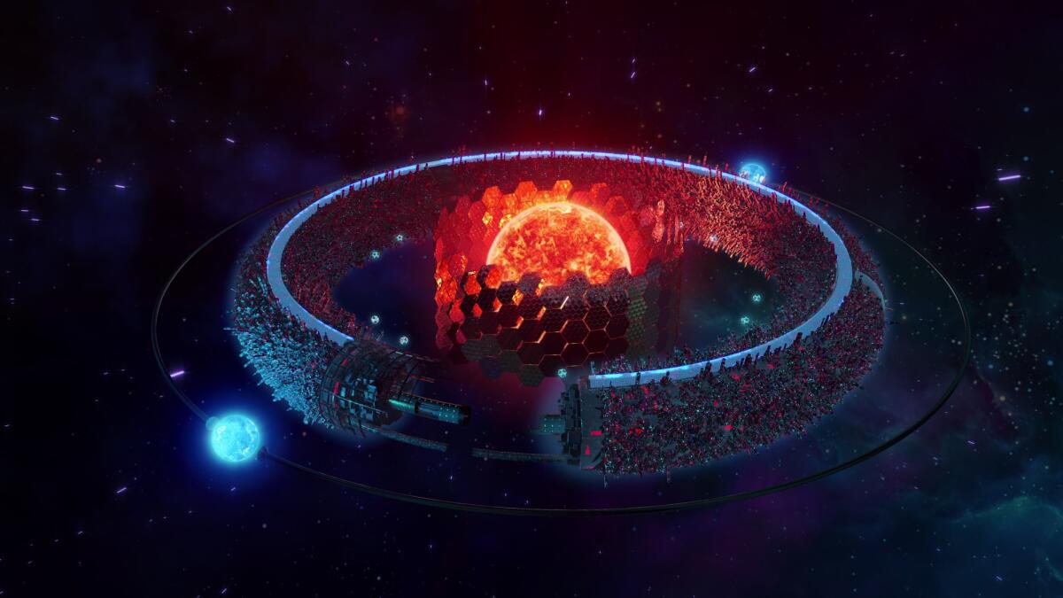 Conquistare il Sole: la sfera di Dyson - Futuristic Sci-fi city on a ring planet. 4k 3D illustration of a high tech space station with Dyson sphere, artificial sun and cyberpunk structures. Advanced space travel concept with stars