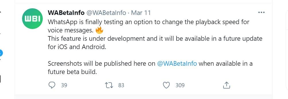 Il tweet di WABetaInfo sulla funzionalità di WhatsApp per velocizzare i messaggi vocali.