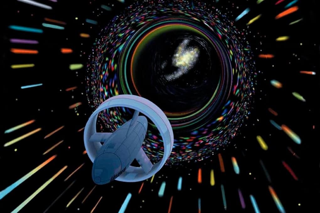 Veicolo spaziale che viaggia inducendo un ponte di Einstein-Rosen, liberamente basato sulla pubblicazione del 1994 di Miguel Alcubierre sulla propulsione ultraluce. Credits: NASA CD-98-76634