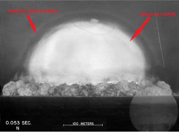 Test Trinity del 16 luglio 1945: dopo appena 0.053 secondi dall’esplosione della bomba atomica, si sono già generate la palla di fuoco, sia il fronte dell’onda d’urto. Credits: rarehistoricalphotos