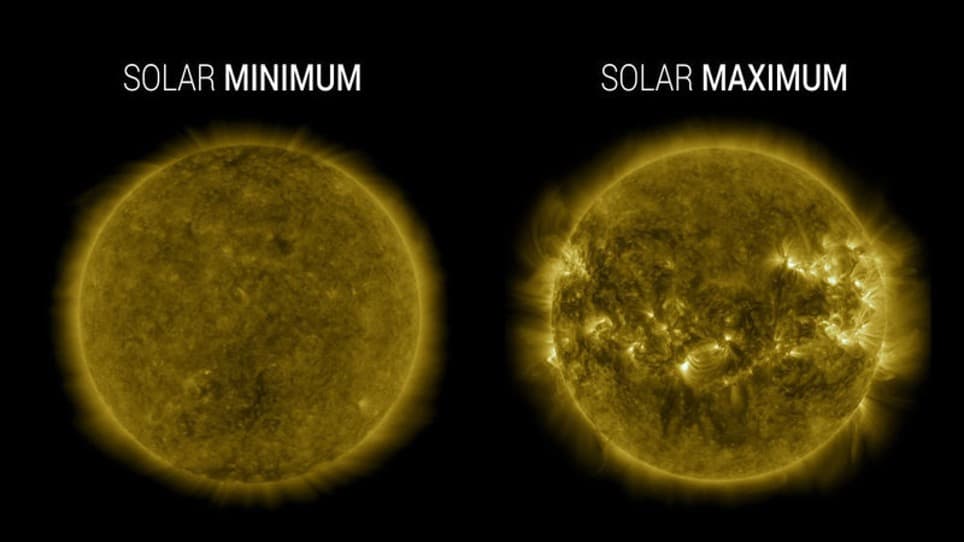 A sinistra: il Sole durante il suo minimo di attività (dicembre 2019); a destra: il Sole durante il suo Massimo di attività (aprile 2014). Credits NASA's Solar Dynamics Observatory (sito: A New Sun Cycle Promises Relatively Calm Space Weather For The Next