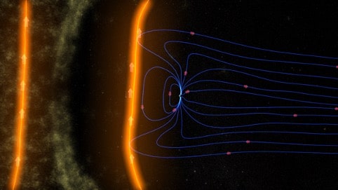 Illustrazione del campo magnetico terrestre mentre scherma il nostro pianeta dalle particelle emesse durante una tempesta solare. Le frecce indicano il verso dei campi. Credit: NASA/GSFC/SVS. (Sito: NASA: Solar storm and Space Weather - Frequently Asked Q