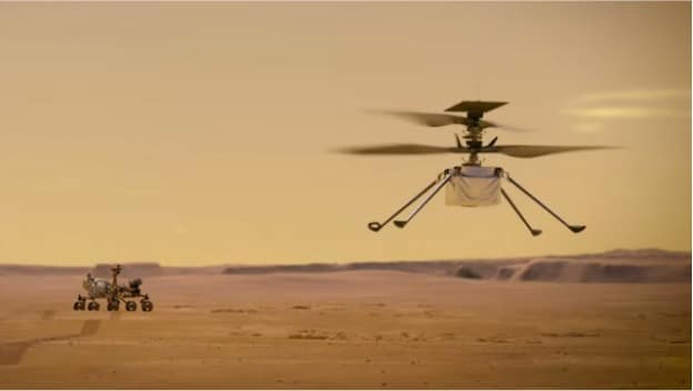 Ricostruzione grafica di Ingenuity in hovering con Perseverance sullo sfondo marziano. Credits: Tio.ch