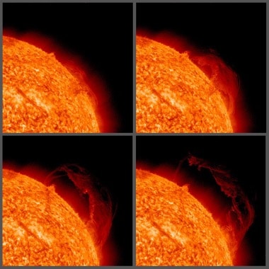 Serie di immagini riprese da SDO il 15 settembre 2010 nello spettro ultravioletto: sollevamento ed eruzione di gas a causa di forze magnetiche instabili. Credits: NASA/SDO/AIA (Sito: NASA: Solar storm and Space Weather - Frequently Asked Questions)