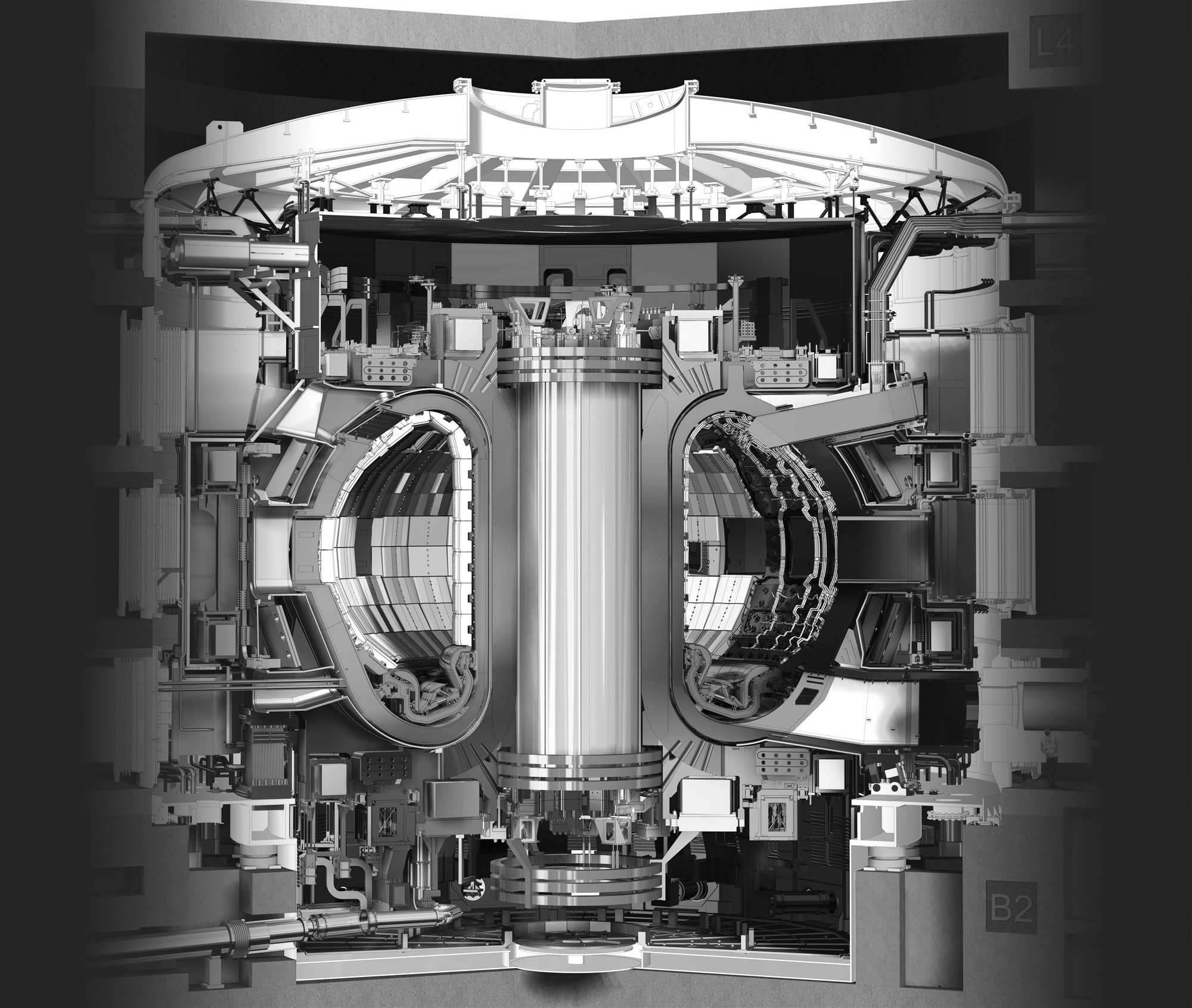 Il tokamak che verrà costruito ad ITER, che avrà un plasma di raggio R = 6.2 m e di volume = 840 m³ (Cadarache, Francia). Credits: Fusion for Energy