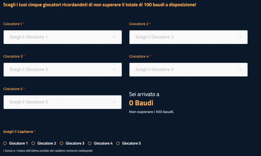 Il form per comporre la squadra di FantaSanremo.