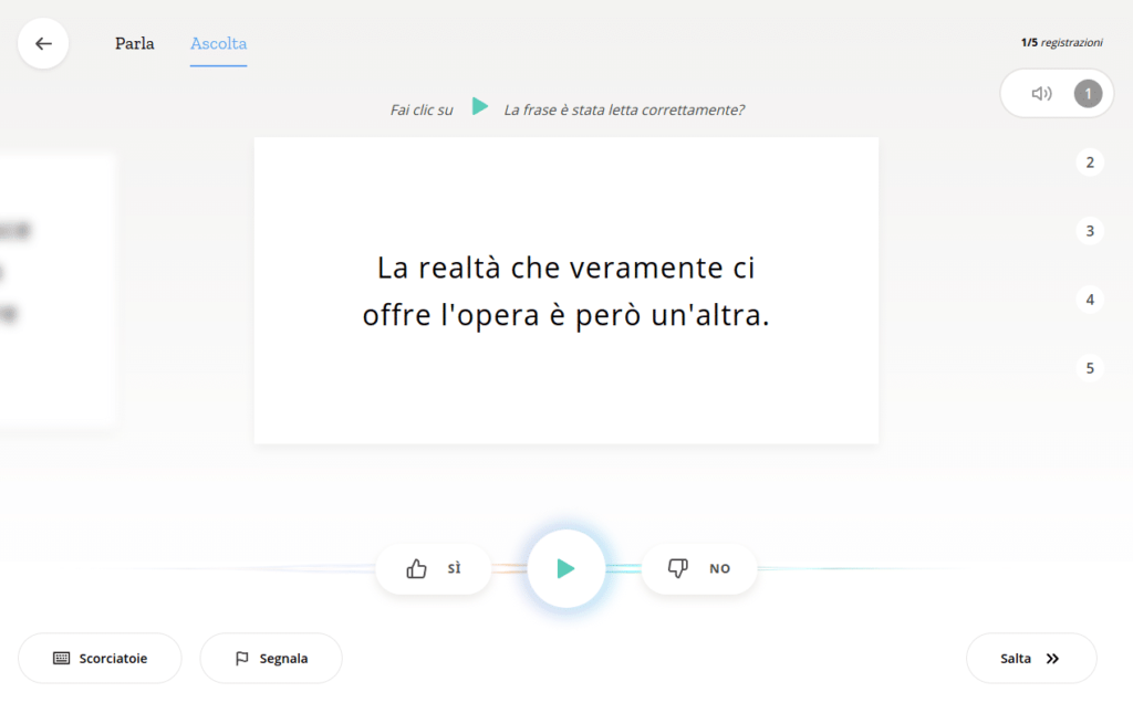 L'interfaccia di ascolto di una delle frasi registrate e in attesa di convalida. Fonte: Libreadvice