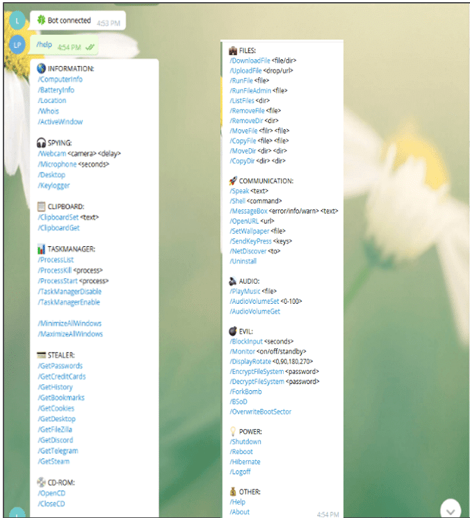 Un esempio delle funzionalità offerte dal nuovo malware ToxicEye tramite un bot di Telegram (Fonte: CheckPoint).