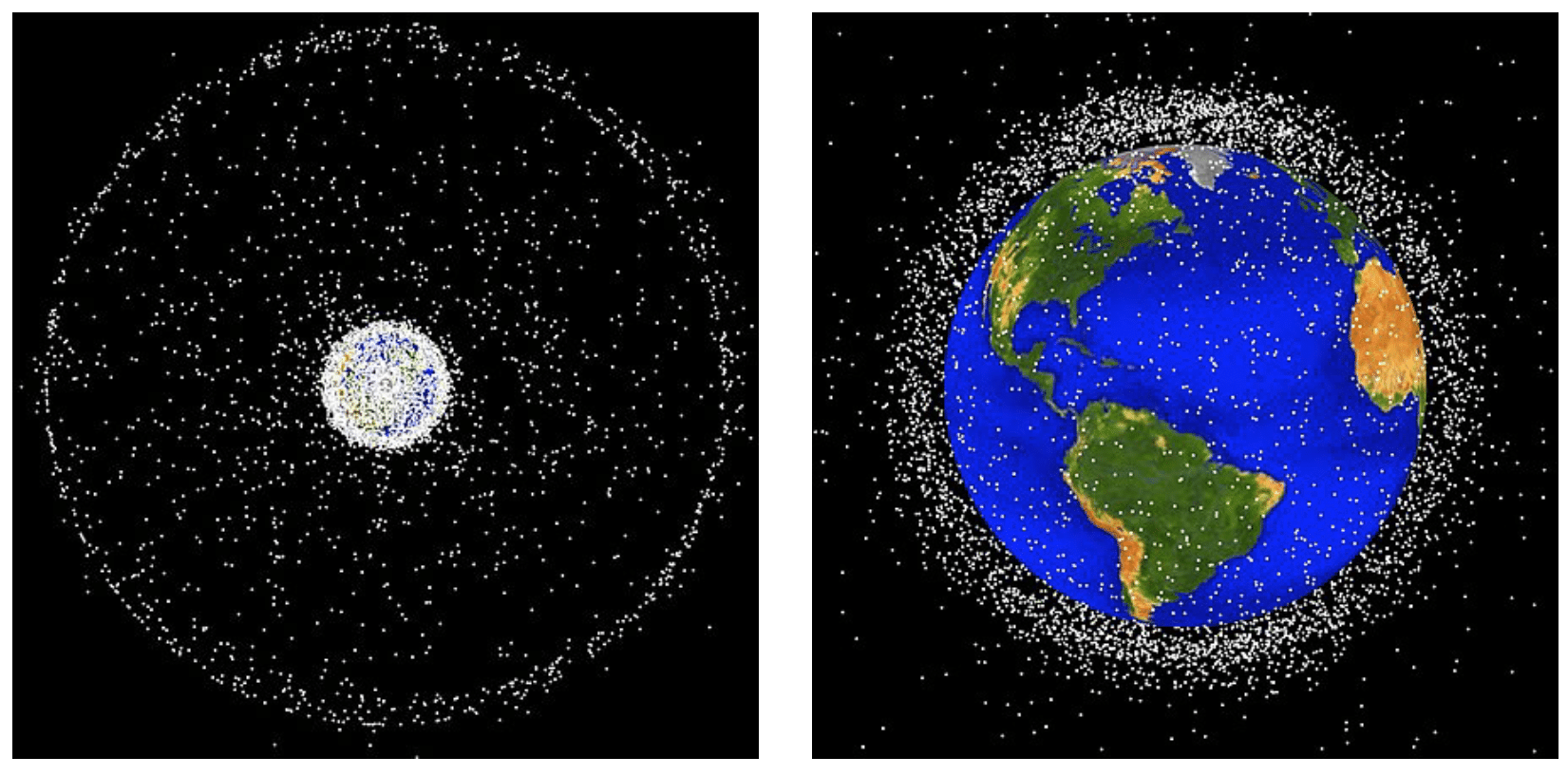 Detriti spaziali in un'orbita GEO visti dal polo (sinistra) e detriti localizzati su orbite LEO (destra). Credits: Wikipedia