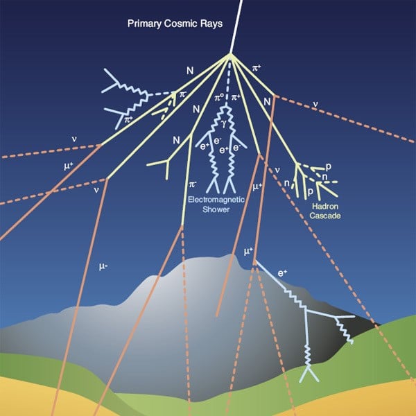La shower di particelle causata dai raggi cosmici. Si notino le cascate elettromagnetiche e di androni originatisi dalla radiazione primaria. Credits: CERN