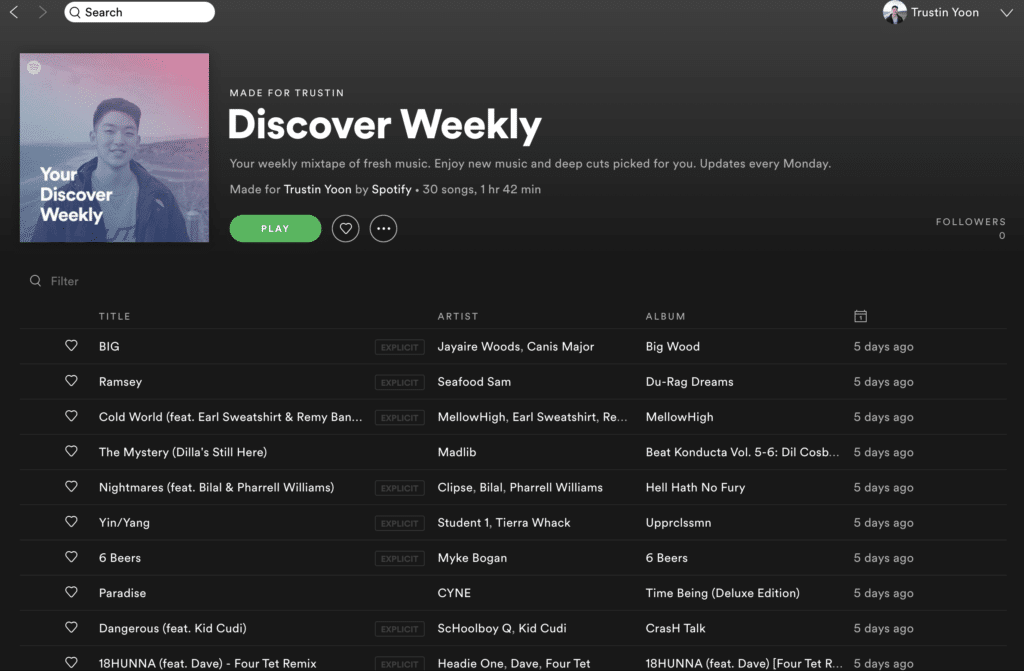 Spotify offre playlist per diversi tipi di attività quotidiane e per le novità della settimana o del mese. Fonte: Towards Data Science