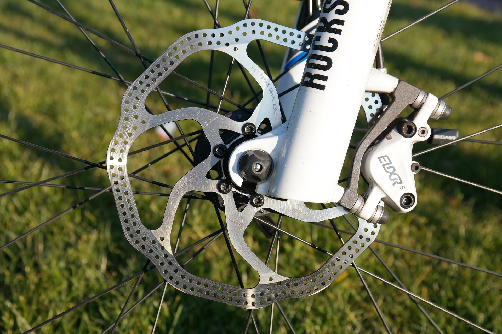 Figura 1: Sistema frenante di una mountain bike composto da disco, pinza e pastiglie (non visibili). (Fonte: Hans da Pixabay)