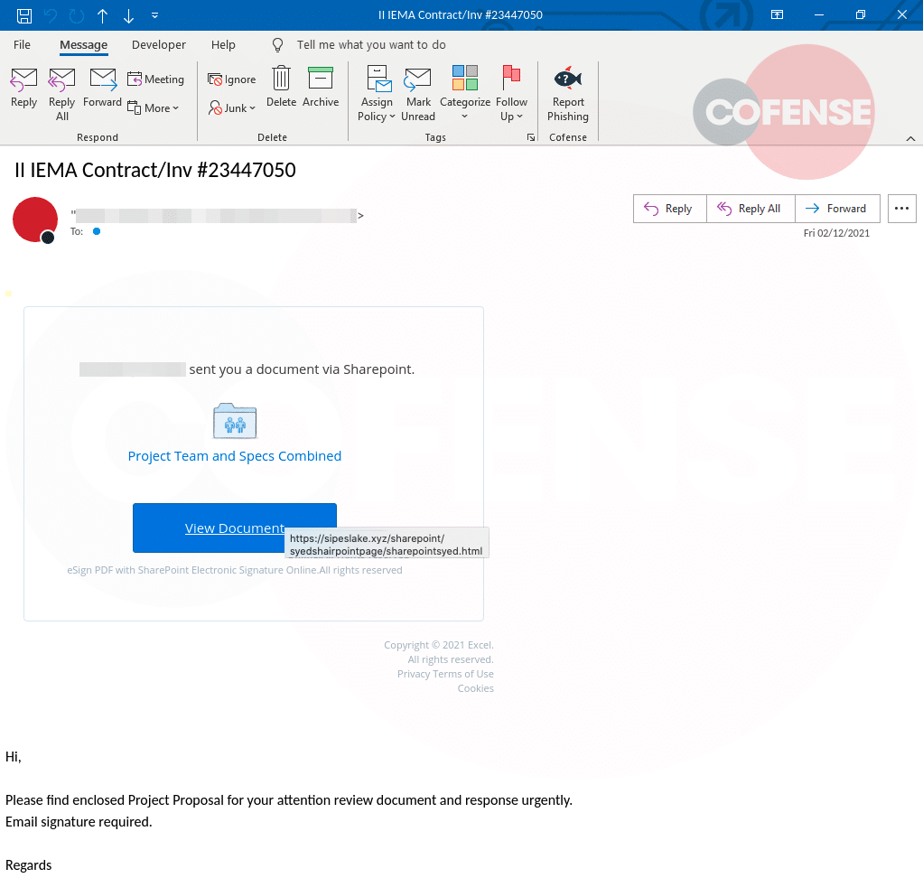 La falsa e-mail inviata alle vittime della campagna di spear phishing. (Fonte: Cofense)