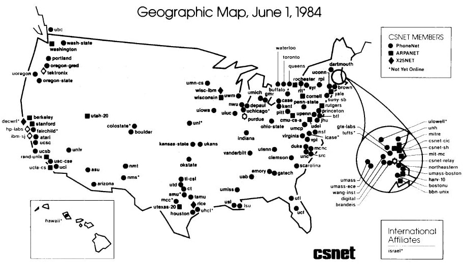 La rete ARPANET nel 1984 (Fonte: il Sole 24 Ore)