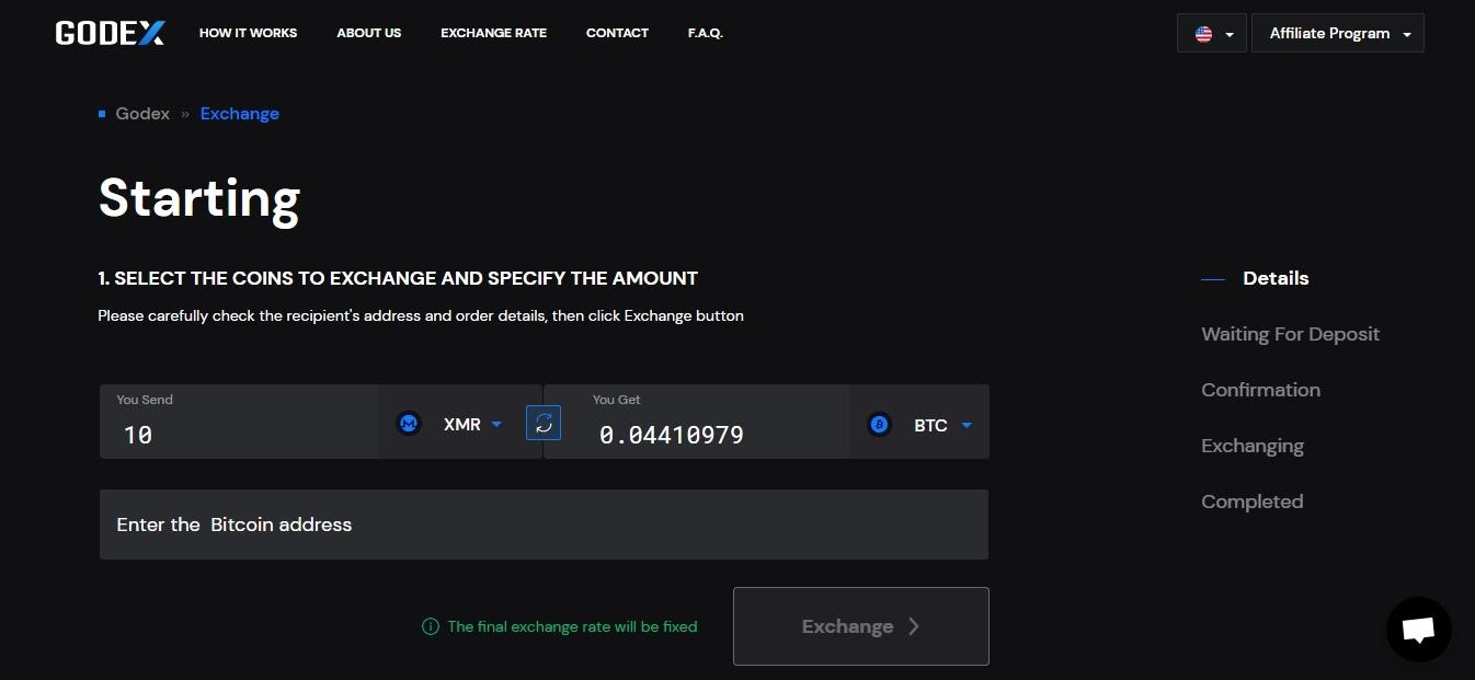 Schermata Godex.io: iniziare lo scambio di Bitcoin
