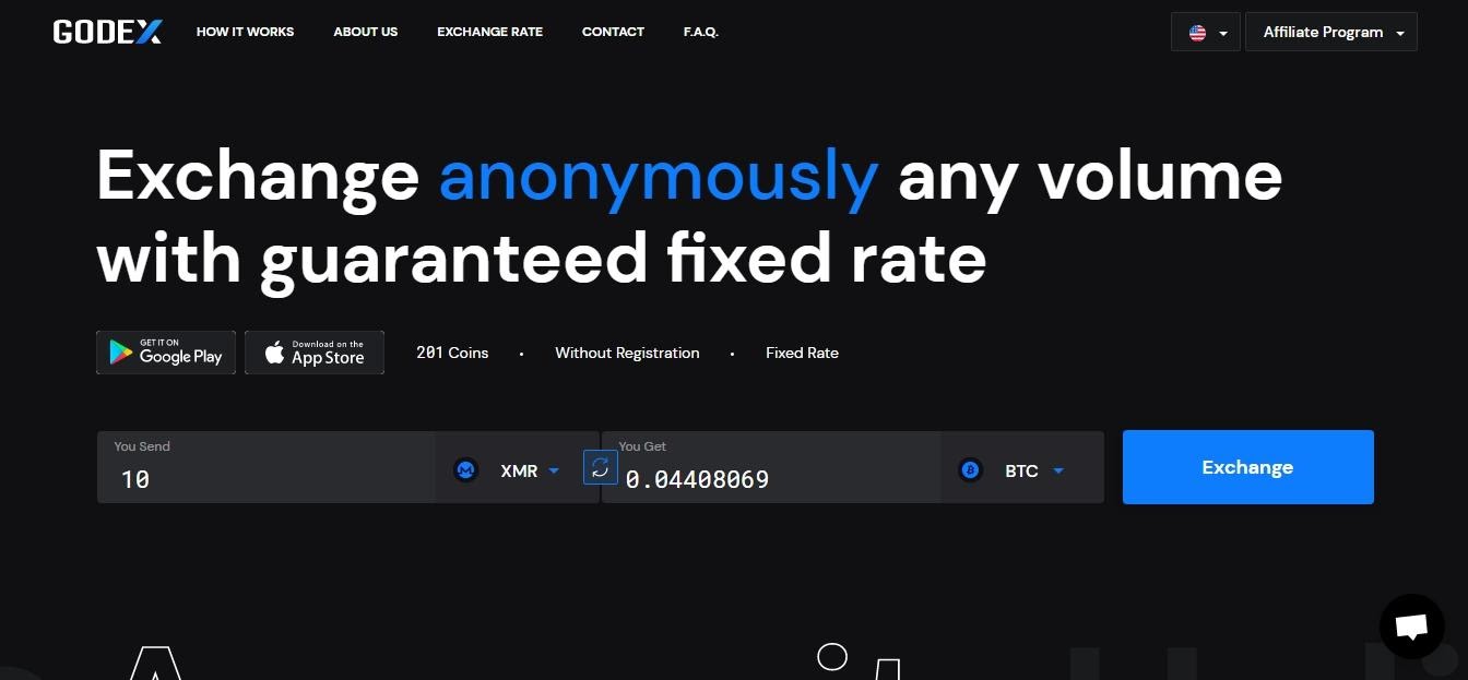Schermata Godex.io: operazione di exchange di criptovalute