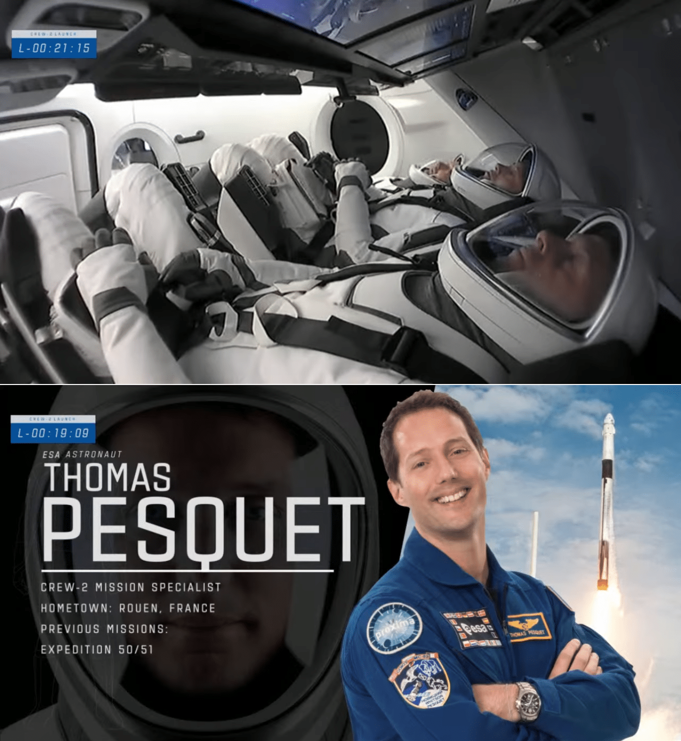 In alto il completo equipaggio della Crew 2 in attesa del lancio del Falcon 9 verso la stazione spaziale internazionale ISS. In basso l'astronauta francese Thomas Pesquet che ha preso parte in prima persona all'incontro con i Coldplay. Crediti: SpaceX.