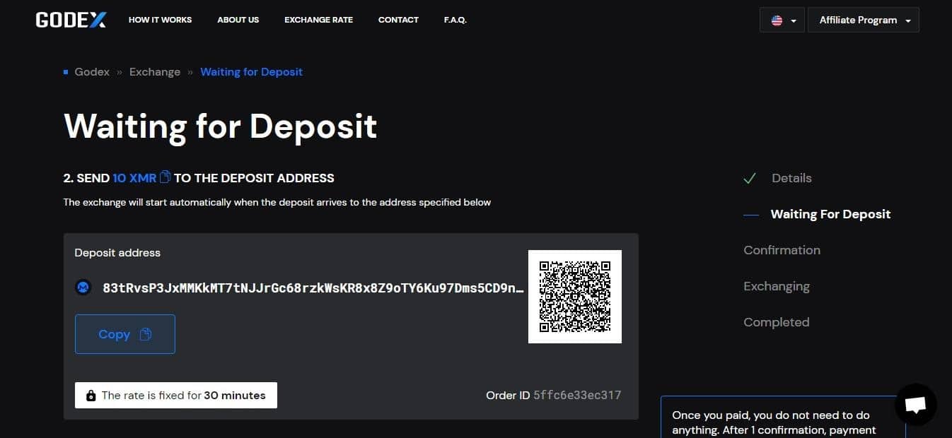 Schermata Godex.io: deposito di Bitcoin sul tuo portafoglio