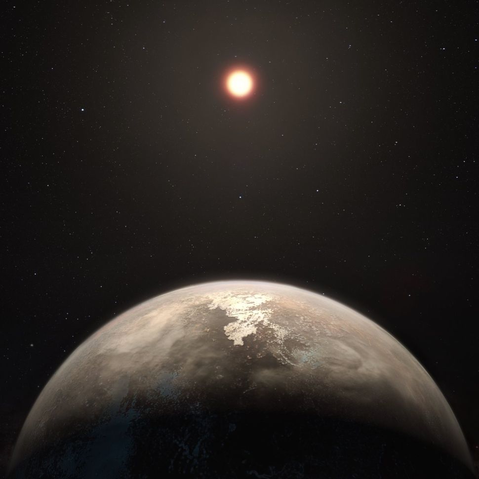 Illustrazione artistica del pianeta ROSS 128b, con la nana rossa sullo sfondo. Credits: ESO/M. Kornmesser