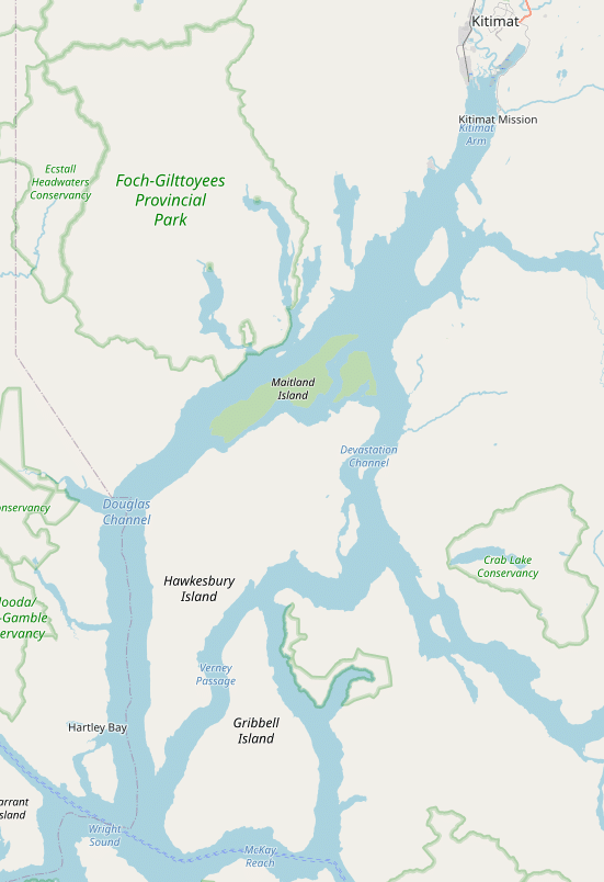 Il canale di Douglas in canada. Fonte: © OpenStreetMap contributors