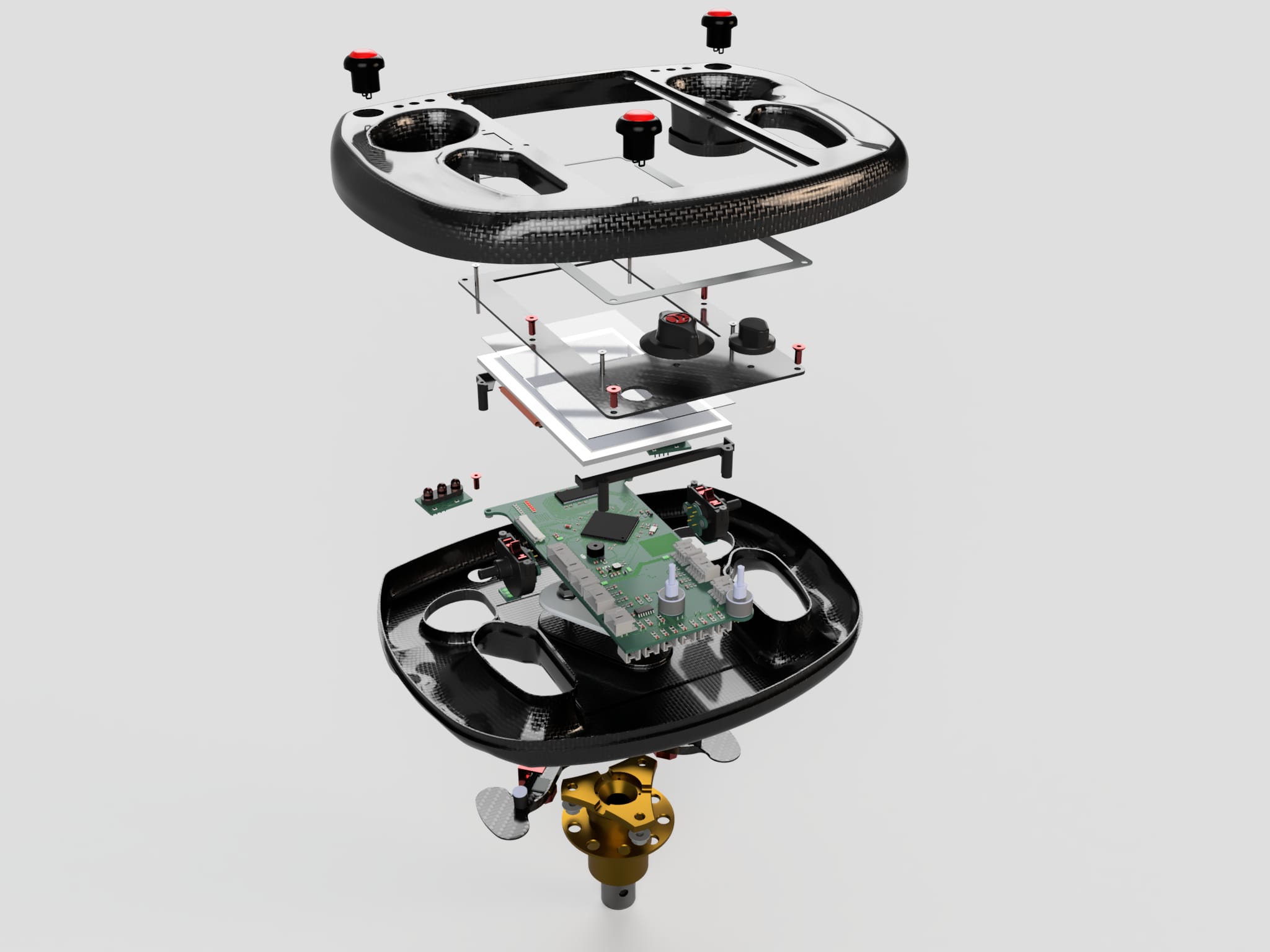 Un render esploso dell'assieme del volante: strutture in carbonio, paddles, sgancio rapido, schermo e schede
