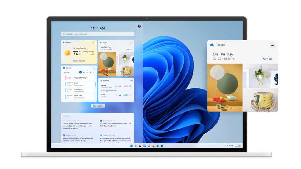 La nuova UI pensata da Microsoft per Windows 11: il menù Start si sposta al centro come le altre icone, i bordi sono arrotondati e le finestre semi trasparenti. (Fonte: Microsoft).