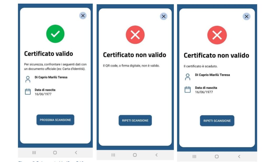 Le schermate di VerificaC19 , l'app per il controllo del Green Pass. Fonte: Ministero della Salute