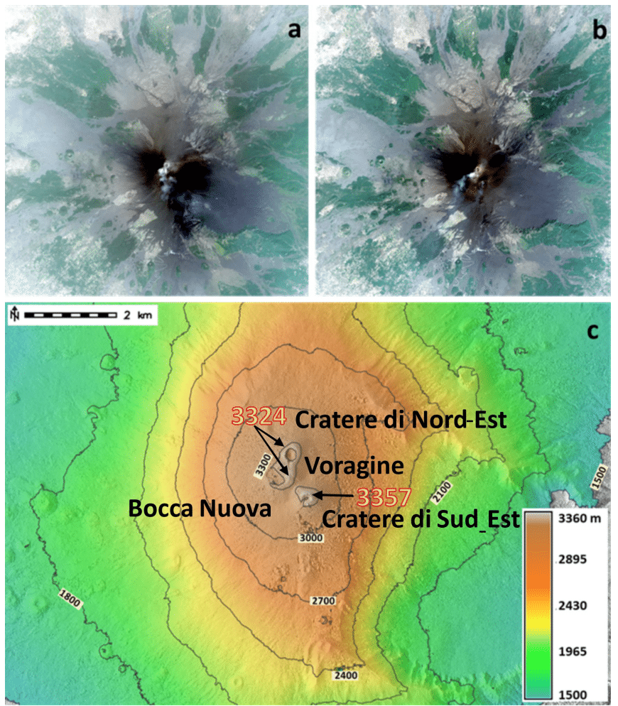 Immagini Pléiades (risoluzione spaziale 50 cm) acquisite il 13 luglio 2021 (a) e il 25 luglio 2021(b) e modello digitale della superficie (DSM) del vulcano Etna aggiornato al 25 luglio 2021 (c). Credits: INGV