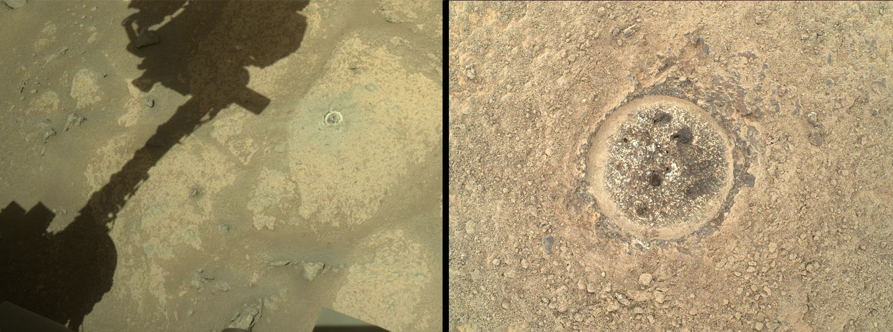 Immagine del terreno marziano dopo la prima abrasione, realizzata dalla camera Watson dello strumento Sherloc, il 2 agosto 2021. Credit: Nasa/Jpl-Caltech