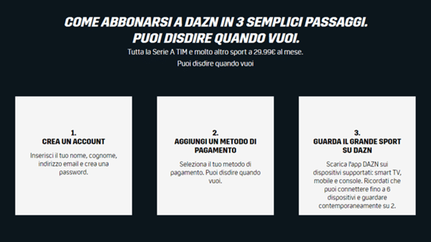 3 passaggi per abbonarsi. Fonte immagine: dazn.com