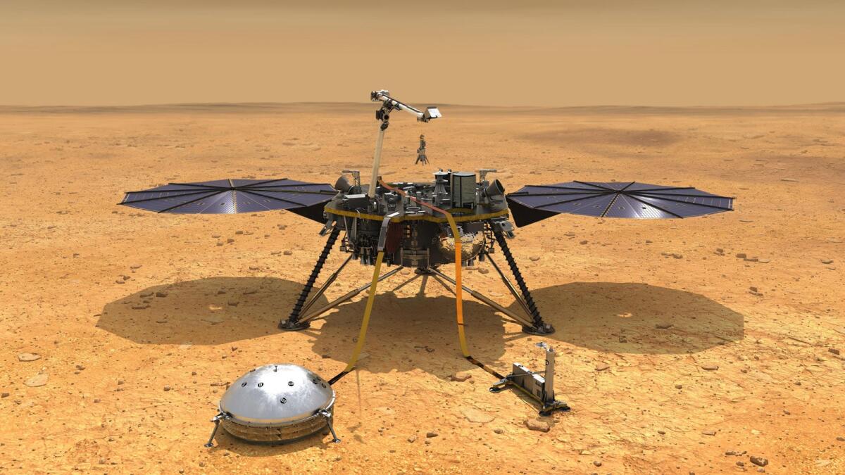 Marte, InSight rileva tre terremoti nell'arco di un mese - Illustrazione di InSight sulla superficie marziana. Crediti: NASA/JPL-Caltech.