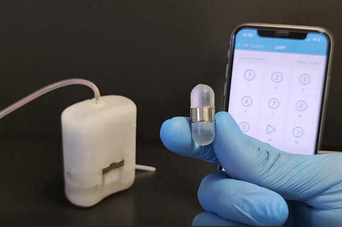 Il PILLSID, il robot impiantabile realizzato dai ricercatori della Scuola Superiore Sant'Anna di Pisa. Nella foto si può vedere l'impianto robotico (la scatoletta bianca) e una capsula, dotata di una banda magnetica, per trasportare insulina e agganciarsi