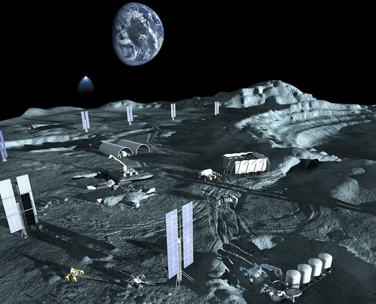 Un'illustrazione di una base mineraria polare lunare con habitat sepolti per l'equipaggio, pannelli a energia solare ampiamente distanziati, impianto di produzione di propellente e deposito di serbatoi. Credits: Anna Nesterova