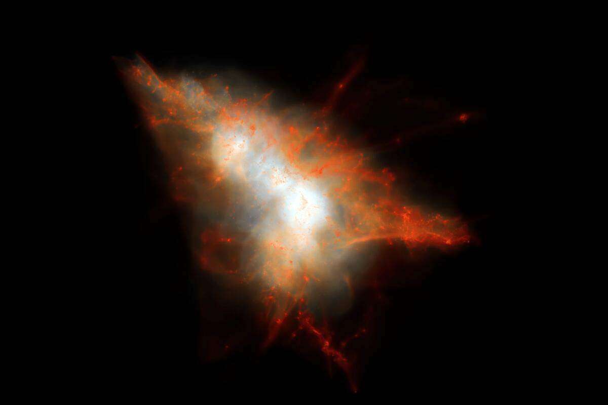 Blob Lyman-alfa: la grande sfida per capire la formazione dell'Universo - Istantanea presa da una simulazione cosmologica di un “blob” Lyman-alfa simile a LAB-1. Crediti: J.Geach/D.Narayanan/R.Crain