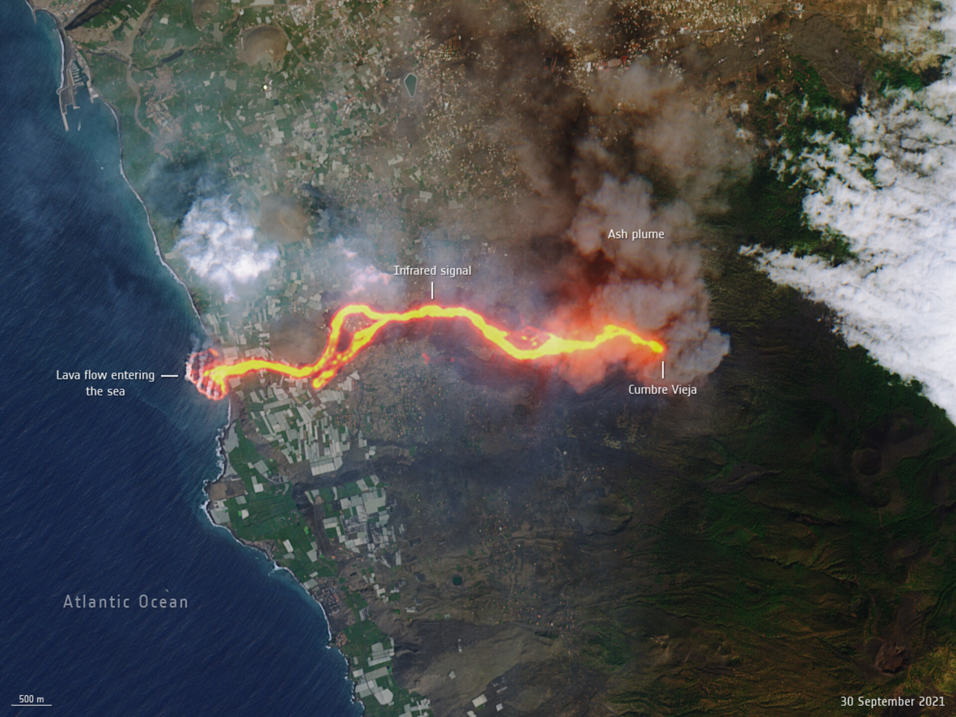 Immagine del "fiume di lava" ricavato da Sentinel 2 Credits: ESA