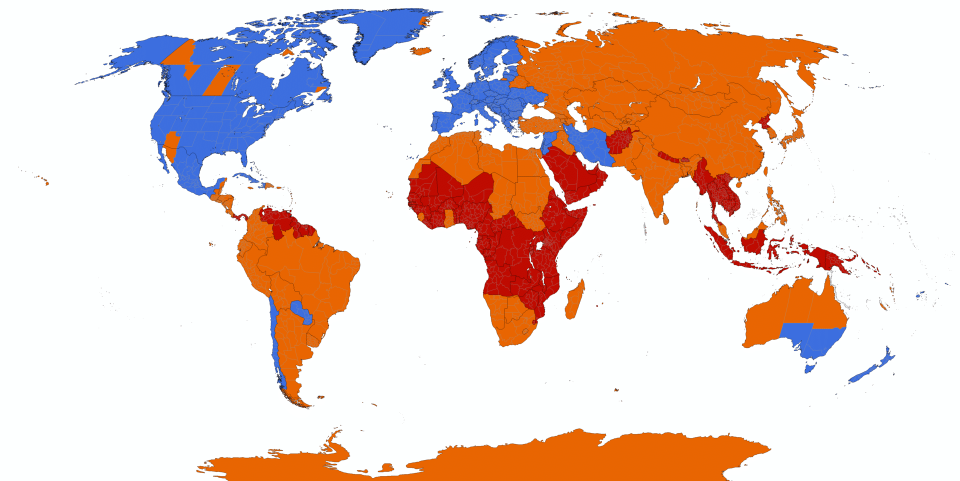 In questa mappa sono indicati in blu gli stati che usano il cambio d'ora, in arancione quelli che hanno smesso di usarlo e in rosso quelli che non l'hanno mai usato