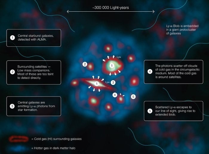 Ricostruzione sull'osservazione dei Blob Lyman-alfa ad opera di ESO. Crediti: ESO / J. Geach.