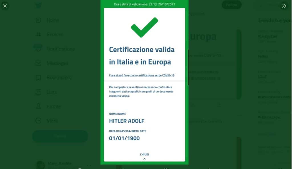 Il green pass di Hitler pubblicato dall'utente reversebrain.